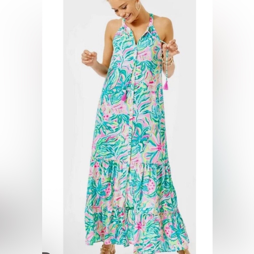 NWOT LILLY PULITZER SIZE L LULIANA TIERED MAXI DRESS *ONE IN A MELON*,